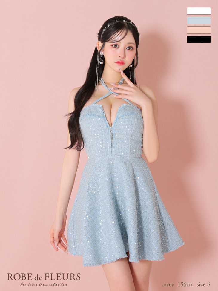 ROBE de FLEURS ローブドフルール ビジューホルターネックツイード