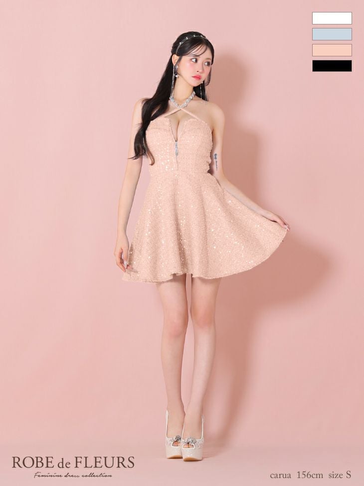 ROBE de FLEURS ローブドフルール ビジューホルターネックツイード