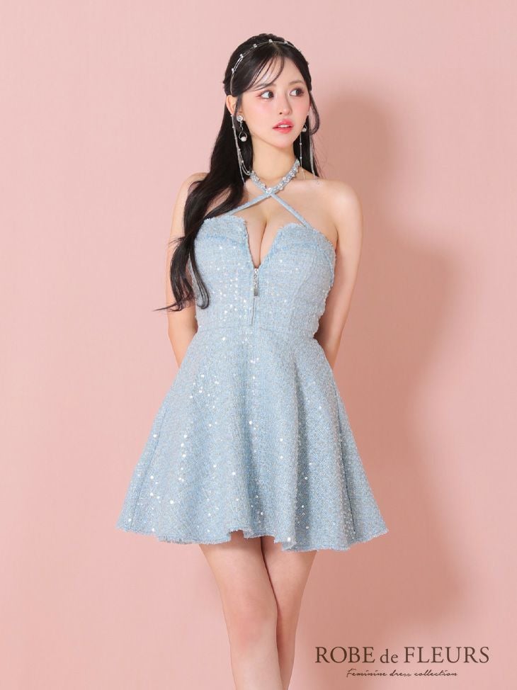 ROBE de FLEURS ローブドフルール ビジューホルターネックツイード