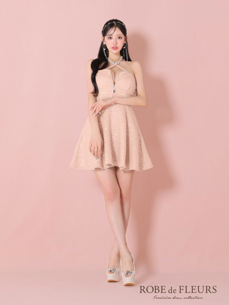 ROBE de FLEURS ローブドフルール ビジューホルターネックツイード