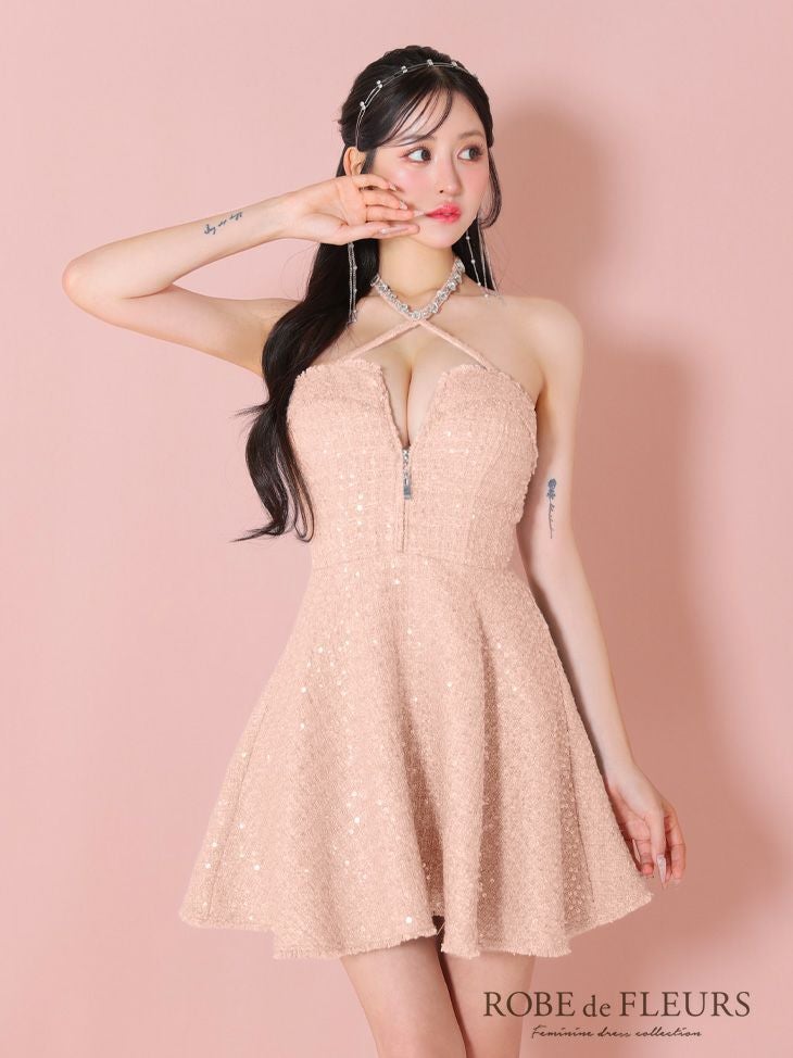 ROBE de FLEURS ローブドフルール ビジューホルターネックツイード