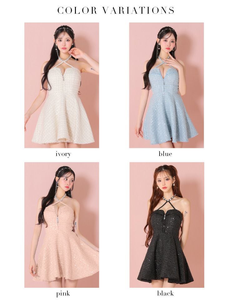 ROBE de FLEURS ローブドフルール ビジューホルターネックツイード