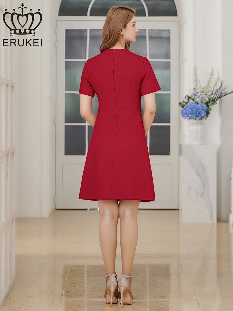 ERUKEI エルケイ ワインレッド 半袖・Aライン・お花ボタン・ミニドレス・ワンピース ek-e2618-4