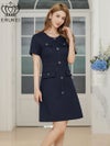 ERUKEI エルケイ ネイビー 半袖・Aライン・お花ボタン・ミニドレス・ワンピース ek-e2618-5