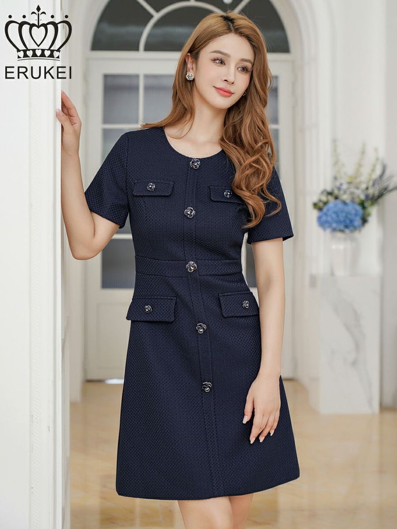 ERUKEI エルケイ ネイビー 半袖・Aライン・お花ボタン・ミニドレス・ワンピース ek-e2618-5
