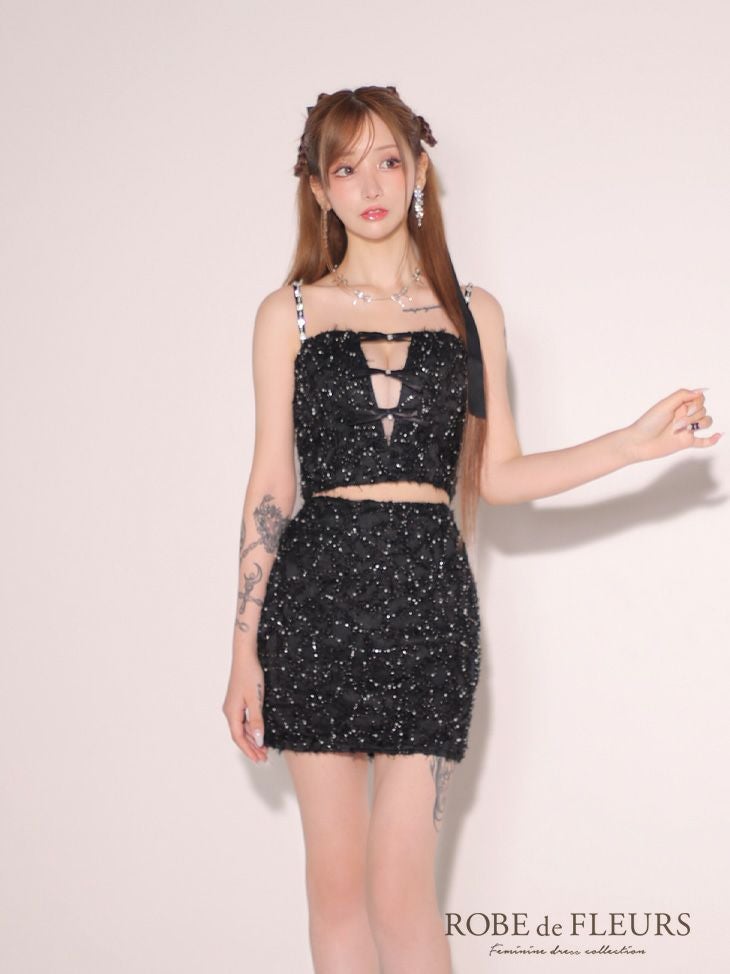 ROBE de FLEURS ローブドフルール フェザーレースミニリボンセットアップミニキャバドレス fm3729-c