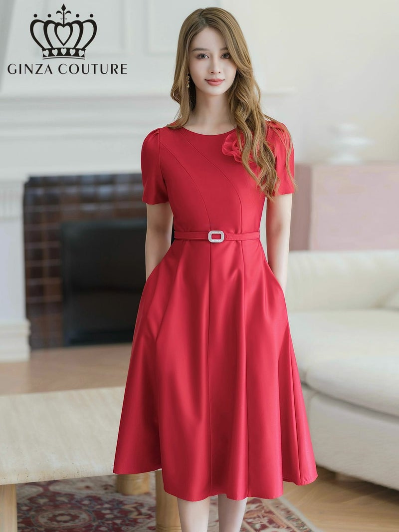 ERUKEI エルケイ レッド 半袖・シンプル・Ａライン・花・ワンピース ek-c2741-2