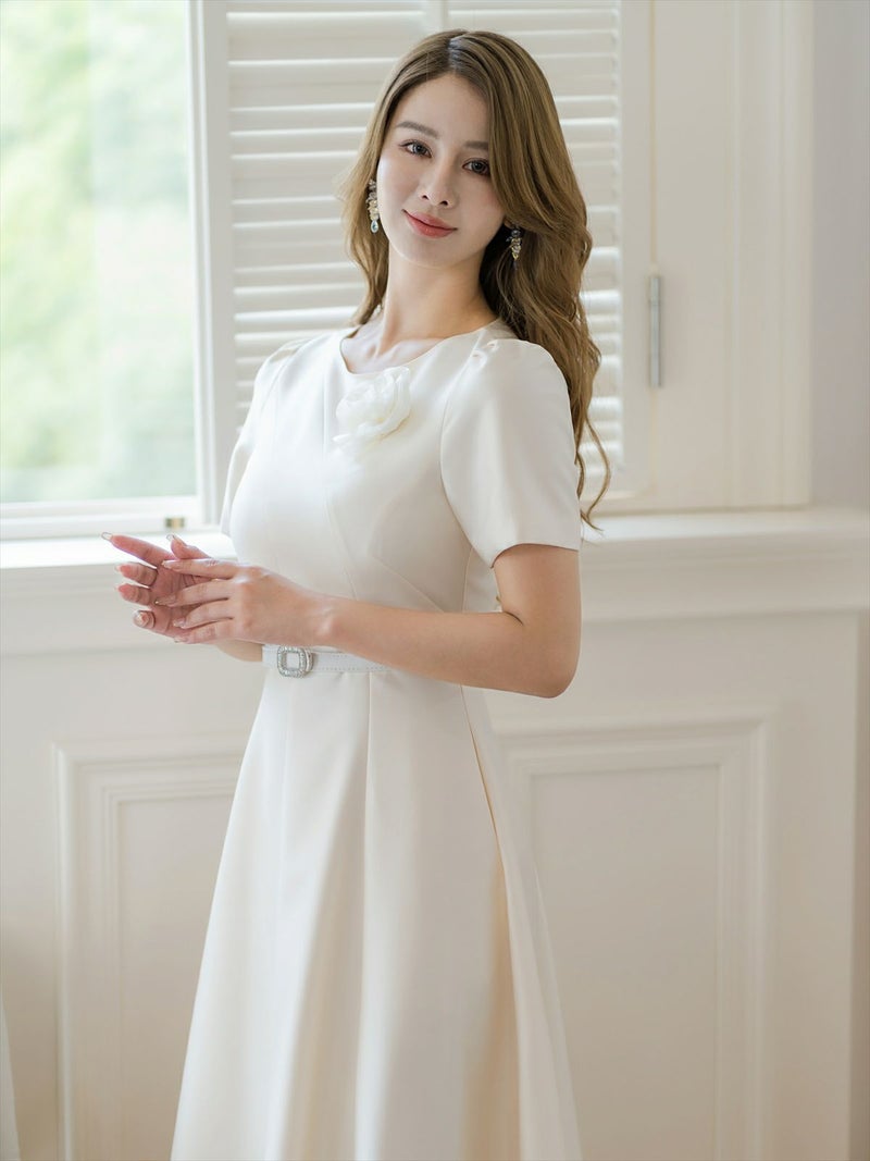 ERUKEI エルケイ ホワイト 半袖・シンプル・Ａライン・花・ワンピース ek-c2741-3