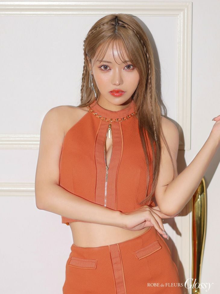 Glossy ローブドフルールグロッシー フロントジッパーxリブニットセットアップドレス gl3153-7