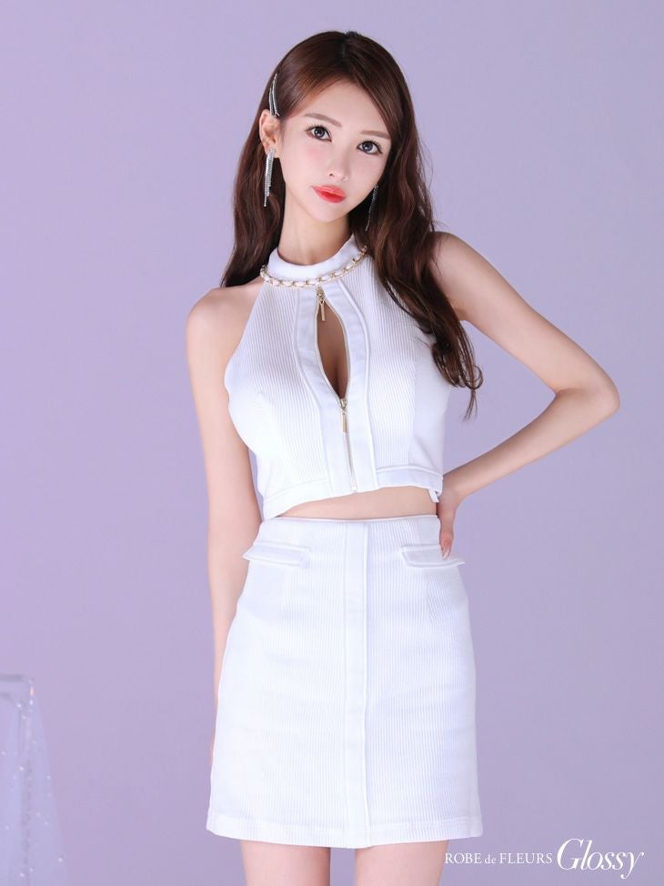 Glossy ローブドフルールグロッシー フロントジッパーxリブニットセットアップドレス gl3153-7