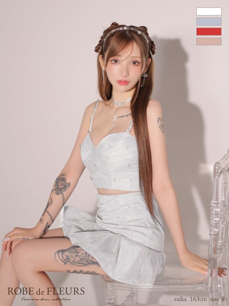 ROBE de FLEURS ローブドフルール シンプルビジューラメニットフリルチュールミニキャバドレス fm3431-c