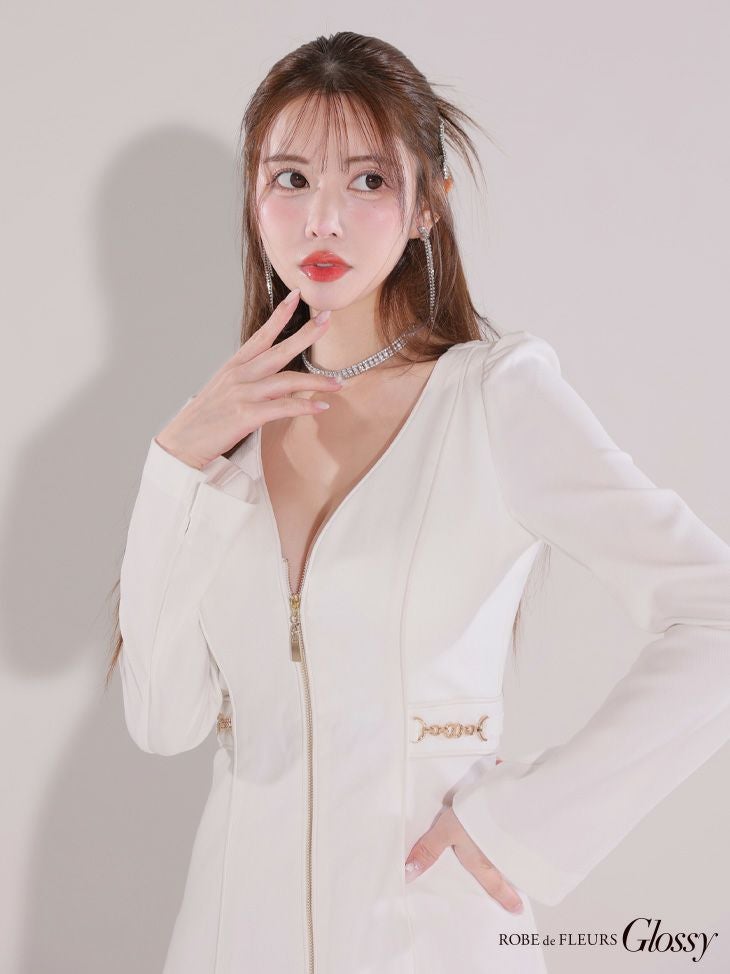 Glossy ローブドフルールグロッシー センタージップデザインロングスリーブシンプルミニキャバドレス gl3907-c
