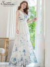 ERUKEI エルケイ ブルー シフォン・花柄・フラワープリント・Aライン・Vネック・ノースリーブ・ロングドレス ek-s35901-3