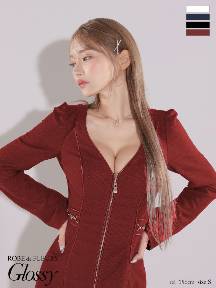 Glossy ローブドフルールグロッシー ホワイト センタージップデザインロングスリーブシンプルミニキャバドレス gl3907-1