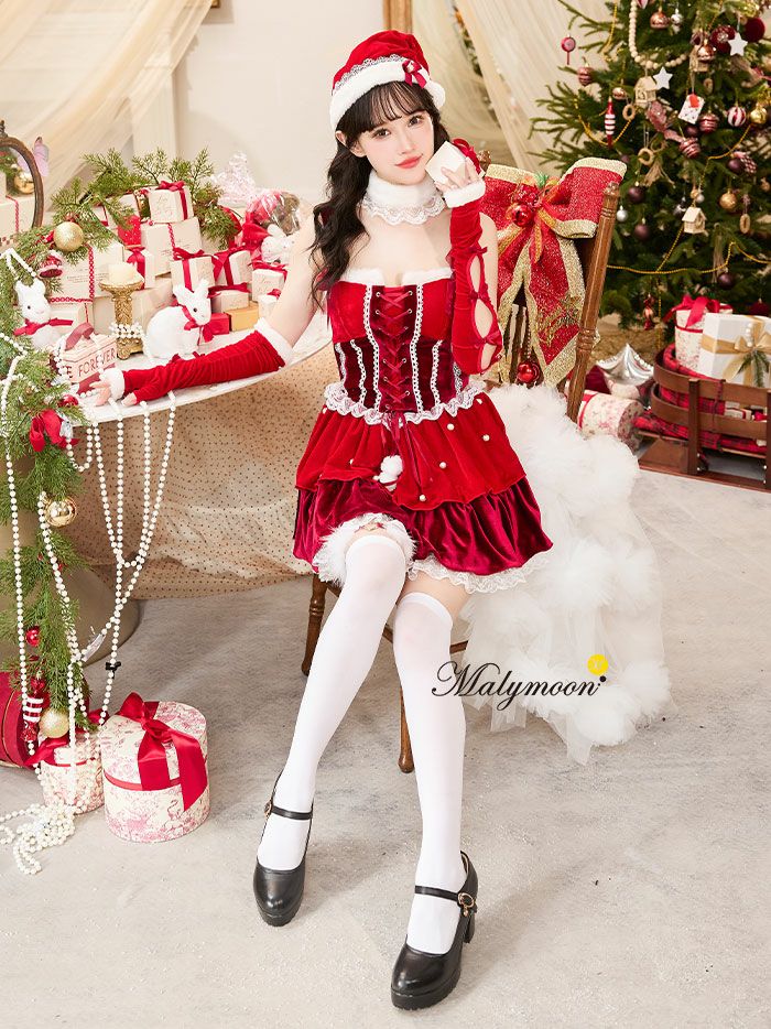 Malymoon ウェディングドレス風サンタ レッド クリスマス 6点セット】Malymoon マリームーン スノークリスタルレースサンタ