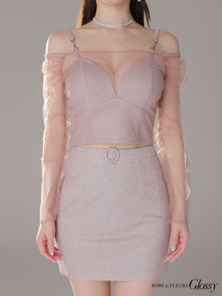 Glossy ローブドフルールグロッシー チュールスリーブラメニットセットアップミニキャバドレス gl3564-c