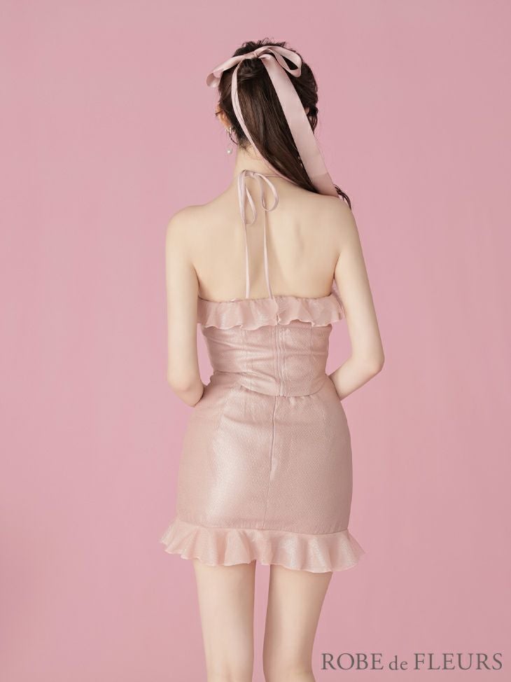 ROBE de FLEURS ローブドフルール ローズクロスネックサテンフリルミニ
