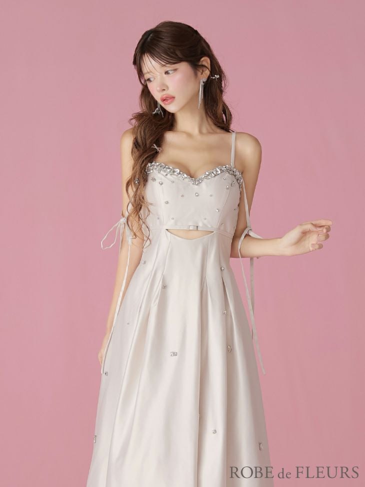 ROBE de FLEURS サテン ビジュー フレア ミディアム キャバドレス ROBE de FLEURS ローブドフルール サテンビジューフレアロングキャバ
