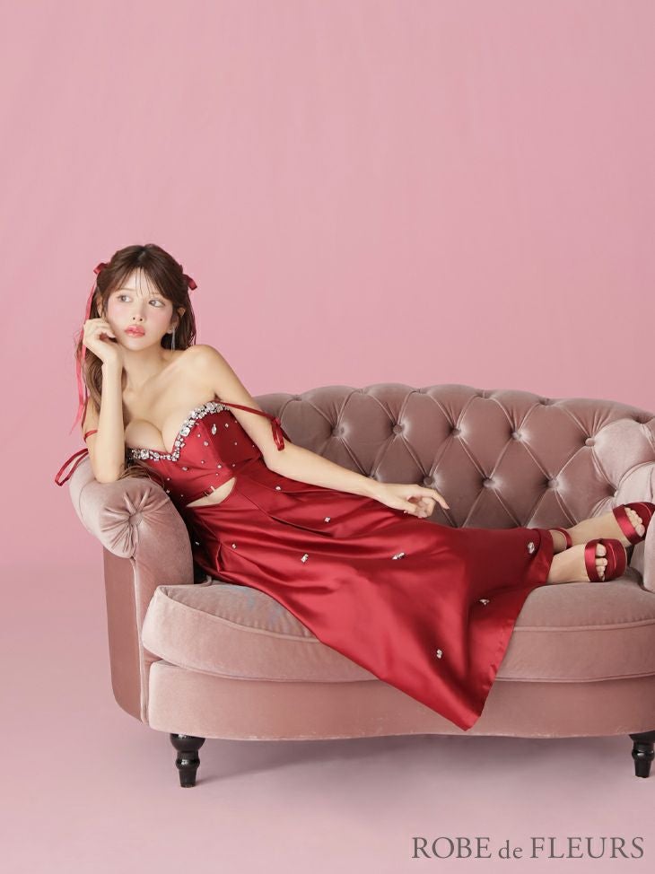 ROBE de FLEURS ローブドフルール サテンビジューフレアロングキャバ