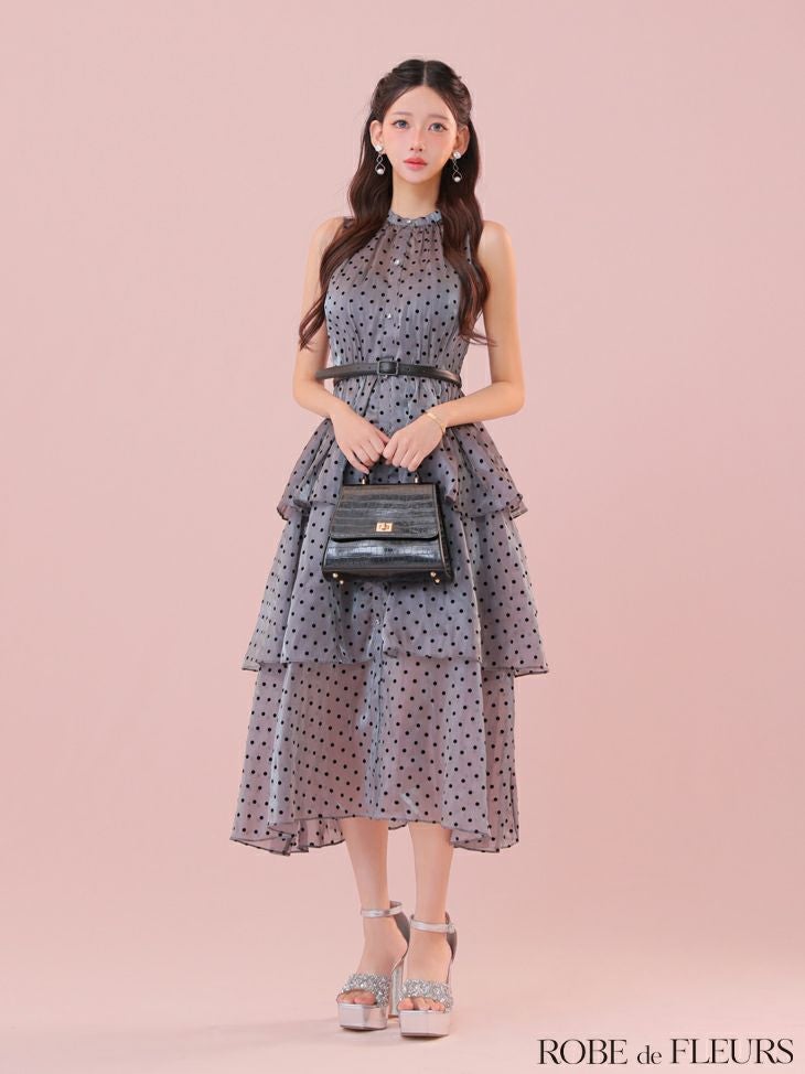 ROBE de FLEURS ローブドフルール ベルト付きドットオーガンジーティアードロングキャバドレス fm3281-c