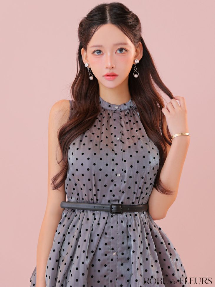 ROBE de FLEURS ローブドフルール ベルト付きドットオーガンジーティアードロングキャバドレス fm3281-c