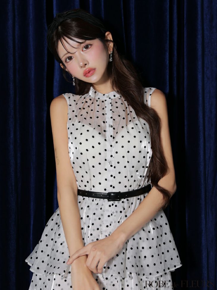 ROBE de FLEURS ローブドフルール ベルト付きドットオーガンジーティアードロングキャバドレス fm3281-c