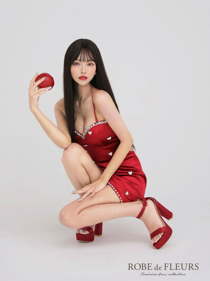 ROBE de FLEURS ローブドフルール ブルー Heart bijou satin setup dress ハートビジューサテンセットアップドレス fm3759-1