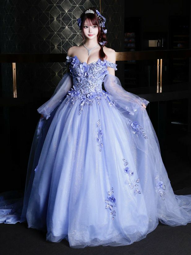 AngelR エンジェルアール バタフライフラワーモチーフ刺繍パフスリーブオフショルAラインプリンセスロングドレス ラベンダーブルー ar24102-1