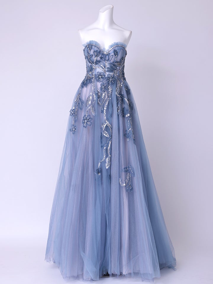 vanityME.couture. バニティミークチュール スパンコール刺繡 フラワーモチーフ スリット入り ベアトップ プリンセス 姫 ロングドレス バースデードレス ブルー vctr-l-a1294