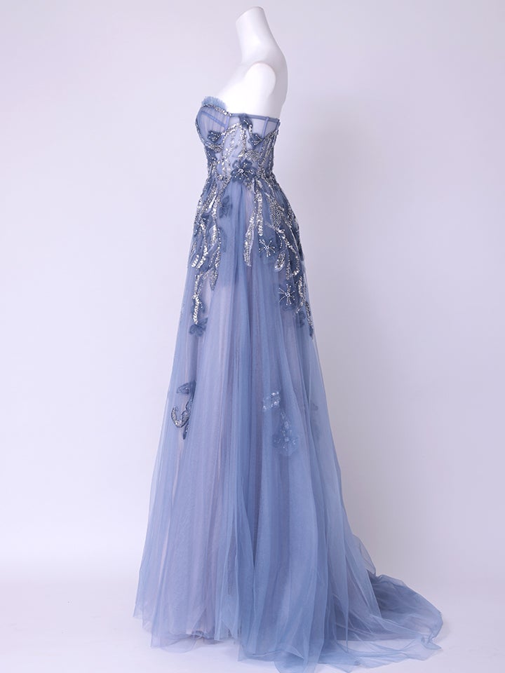 vanityME.couture. バニティミークチュール スパンコール刺繡 フラワーモチーフ スリット入り ベアトップ プリンセス 姫 ロングドレス バースデードレス ブルー vctr-l-a1294