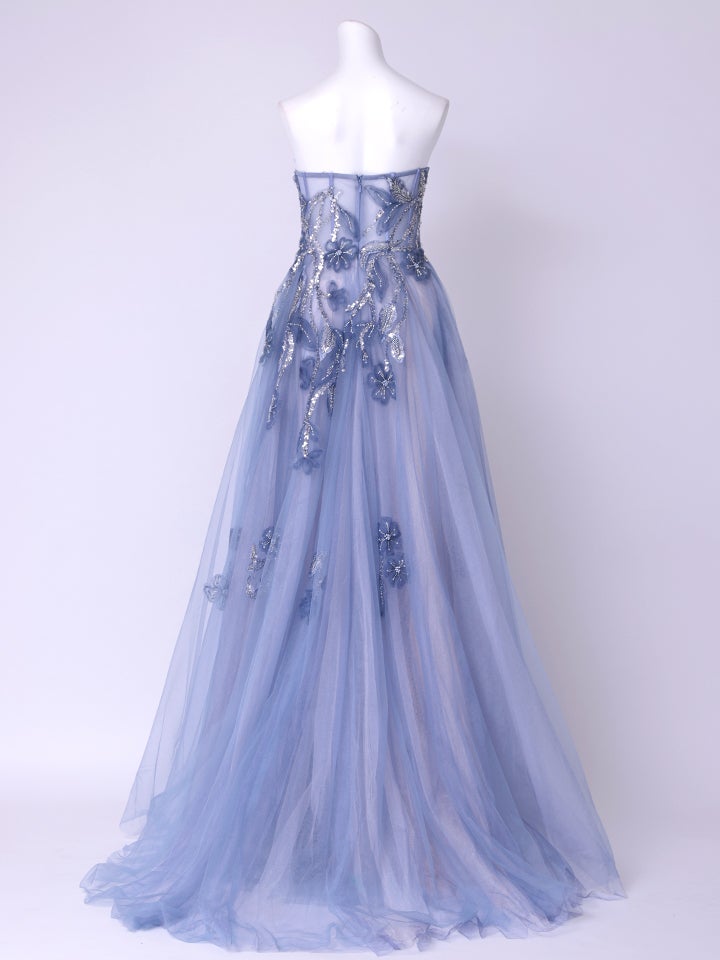 vanityME.couture. バニティミークチュール スパンコール刺繡 フラワーモチーフ スリット入り ベアトップ プリンセス 姫 ロングドレス バースデードレス ブルー vctr-l-a1294