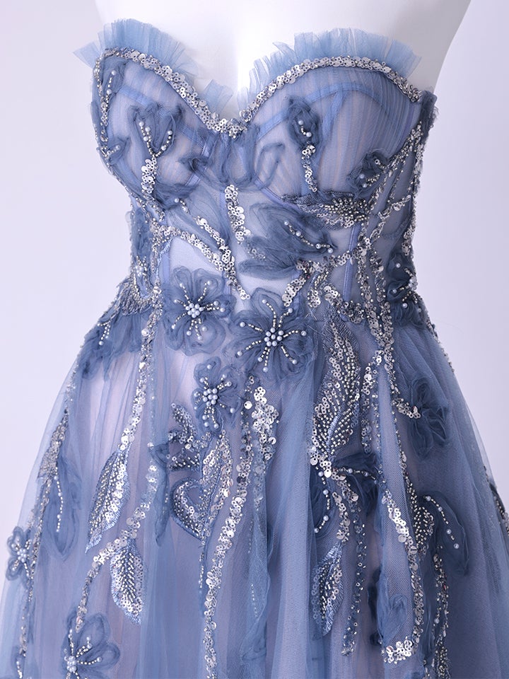 vanityME.couture. バニティミークチュール スパンコール刺繡 フラワーモチーフ スリット入り ベアトップ プリンセス 姫 ロングドレス バースデードレス ブルー vctr-l-a1294