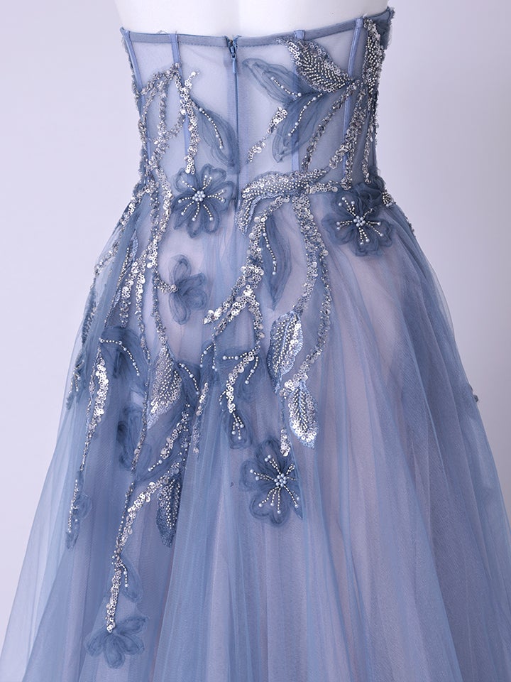 vanityME.couture. バニティミークチュール スパンコール刺繡 フラワーモチーフ スリット入り ベアトップ プリンセス 姫 ロングドレス バースデードレス ブルー vctr-l-a1294