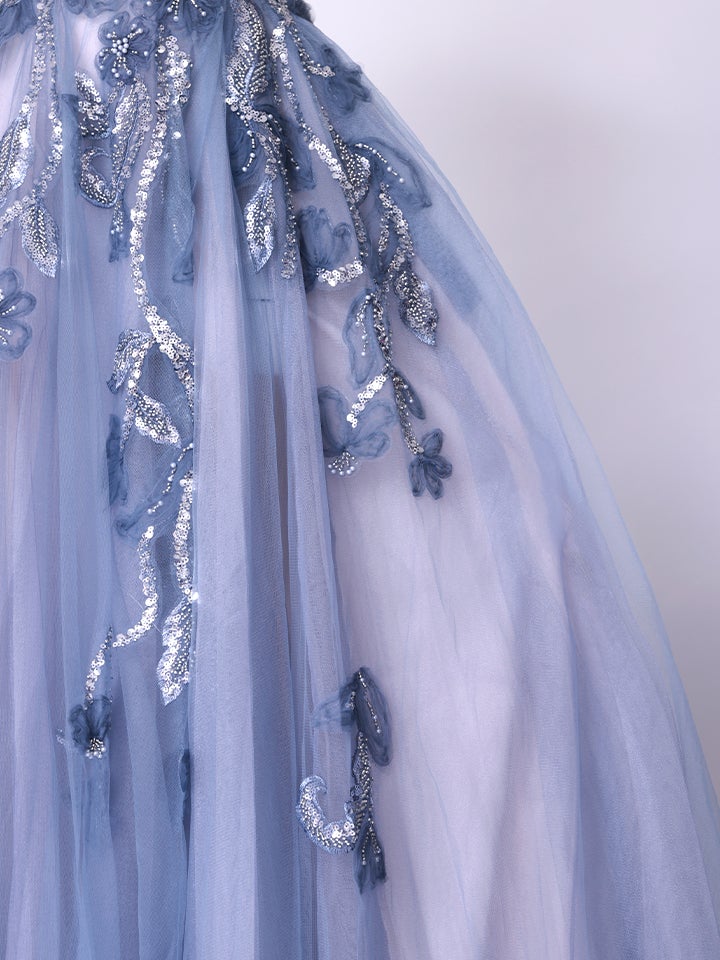 vanityME.couture. バニティミークチュール スパンコール刺繡 フラワーモチーフ スリット入り ベアトップ プリンセス 姫 ロングドレス バースデードレス ブルー vctr-l-a1294