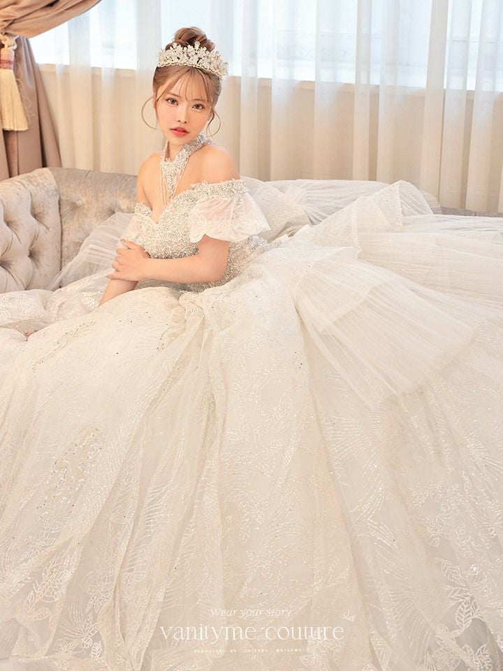 【2点セット】vanityME.couture. バニティミークチュール ダイヤモンド クリスタルビジュー オフショル チューリップスリーブ チョーカーネックレス付き プリンセス 姫 ウエディングドレス ロングドレス ホワイト vctr-t-24109