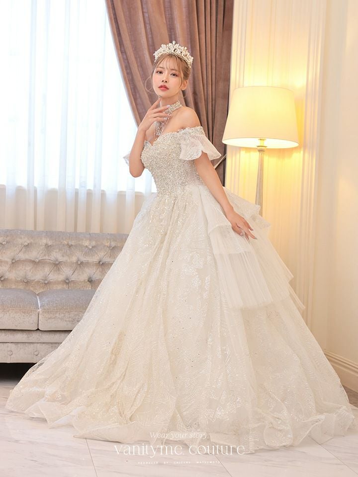 【2点セット】vanityME.couture. バニティミークチュール ダイヤモンド クリスタルビジュー オフショル チューリップスリーブ チョーカーネックレス付き プリンセス 姫 ウエディングドレス ロングドレス ホワイト vctr-t-24109