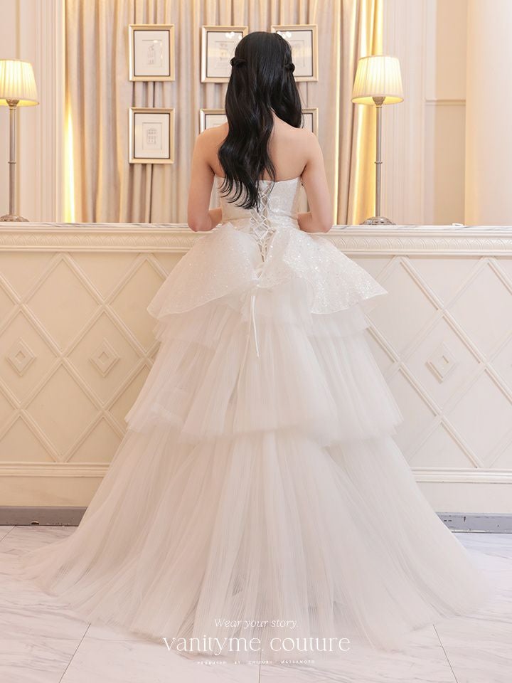 vanityME.couture. バニティミークチュール スパンコールレース ペプラム ベアトップ プリンセス 姫 ウエディングドレス ロングドレス ホワイト vctr-t-24111