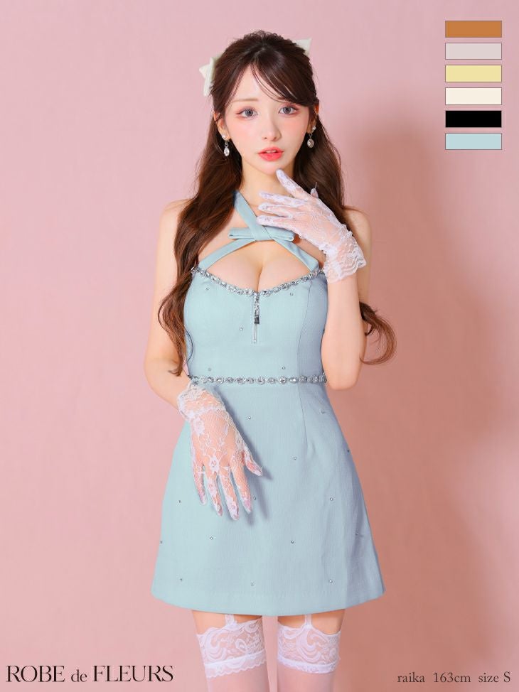 ROBE de FLEURSイエローセットアップミニドレスリボンビジューS XSサイズあり【ROBE de FLEURS/ローブドフルール】リボンビジュー