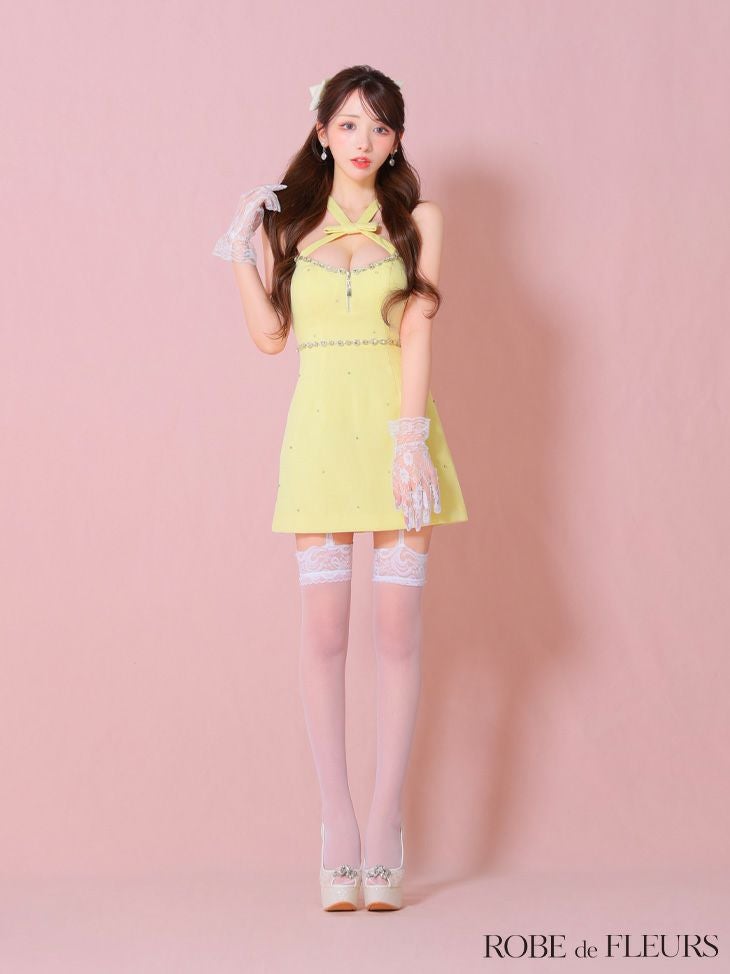 ROBE de FLEURS ローブドフルール リボンデザインホルタービジューミニキャバドレス fm3442-c