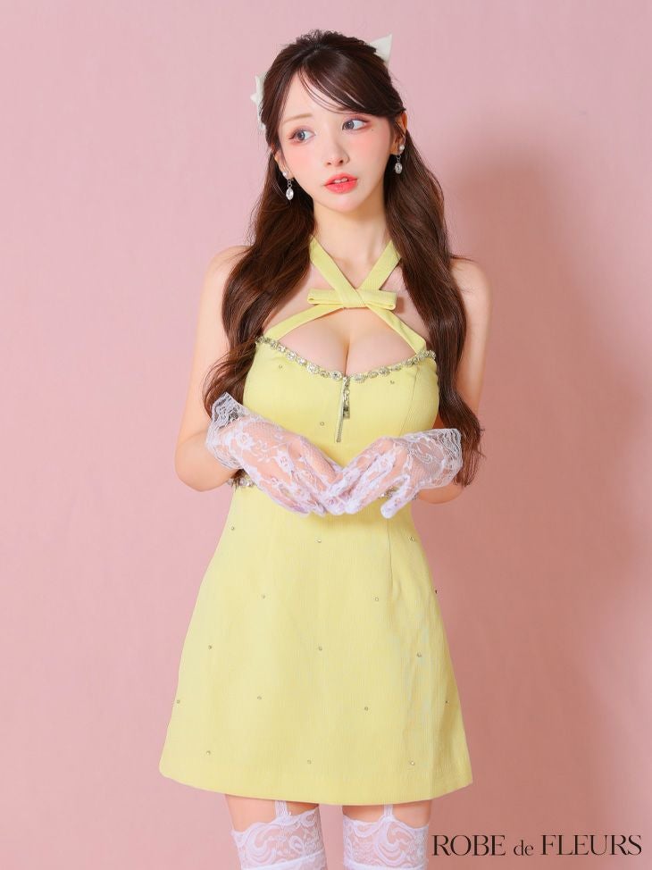 ROBE de FLEURS ローブドフルール リボンデザインホルタービジューミニ