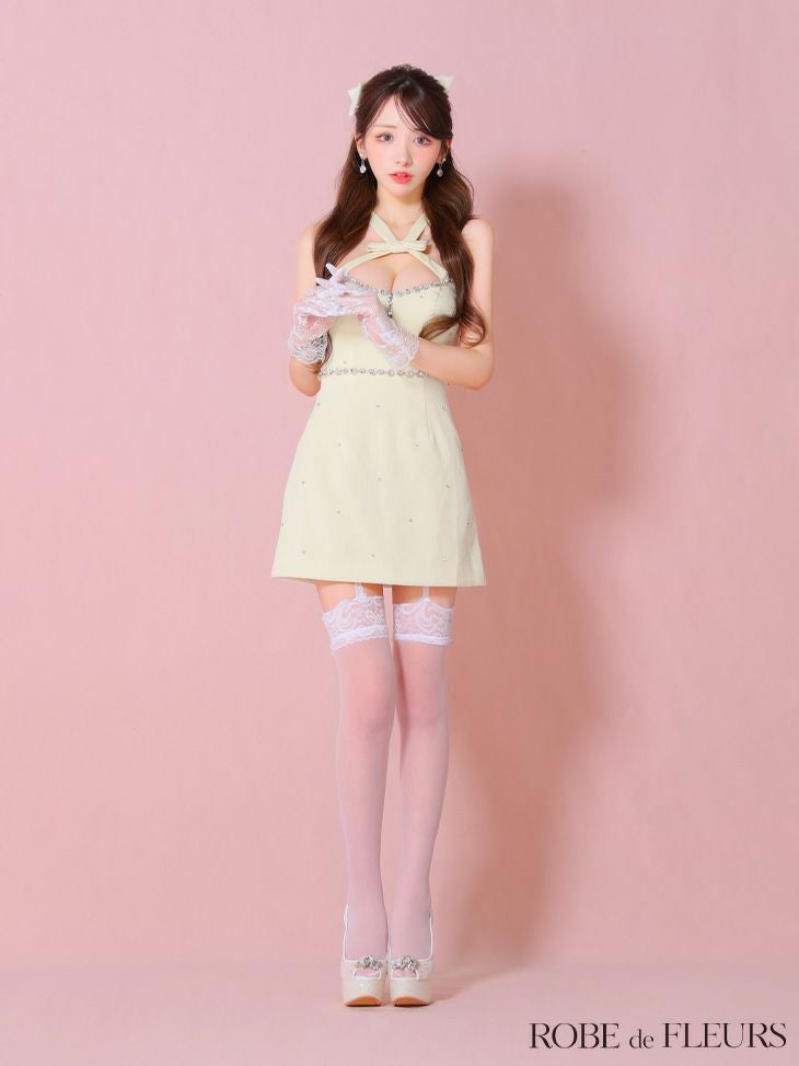 ROBE de FLEURS ローブドフルール リボンデザインホルタービジューミニ