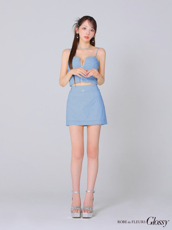  Glossy ローブドフルールグロッシー ブルー シャーリングバストジップナイロンセットアップミニキャバドレス gl3293-2