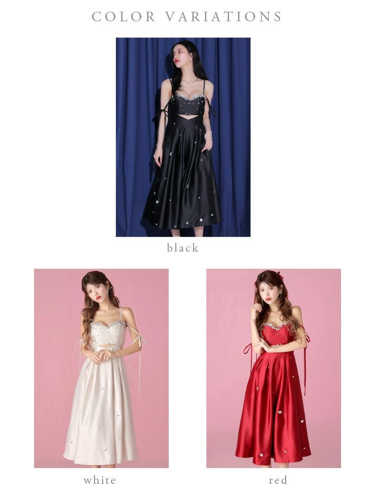 ROBE de FLEURS ワンショルダービジュー付きドレス ブラック ROBE de FLEURS ローブドフルール ブラック サテンビジューフレア