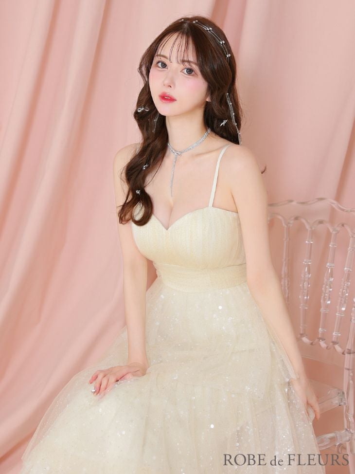 ROBE de FLEURS ローブドフルール 【Lサイズあり】バレエコアフリルラメチュールシンプルミディキャミキャバドレス fm3714