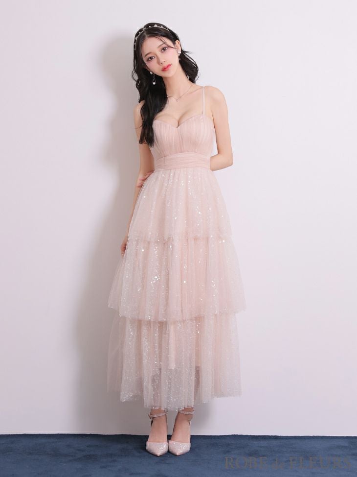 ROBE de FLEURS ローブドフルール 【Lサイズあり】バレエコアフリルラメチュールシンプルミディキャミキャバドレス fm3714