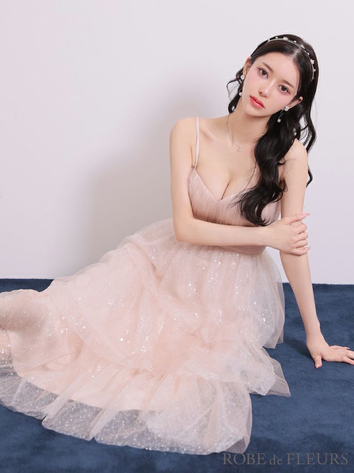 ROBE de FLEURS ローブドフルール 【Lサイズあり】バレエコアフリルラメチュールシンプルミディキャミキャバドレス fm3714