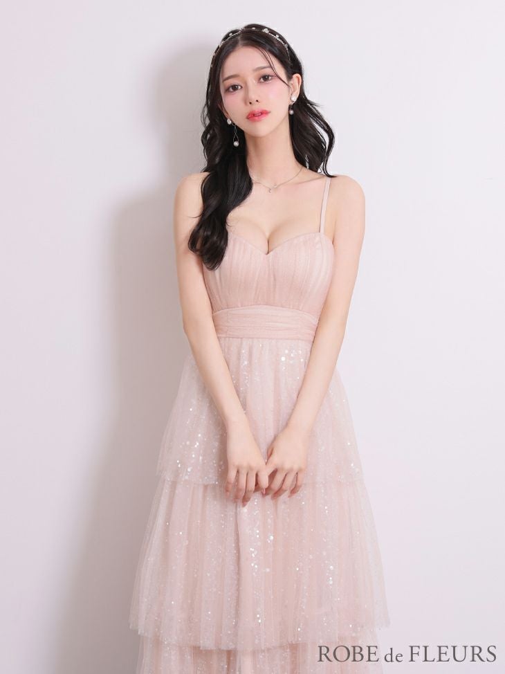 ROBE de FLEURS ローブドフルール 【Lサイズあり】バレエコアフリルラメチュールシンプルミディキャミキャバドレス fm3714