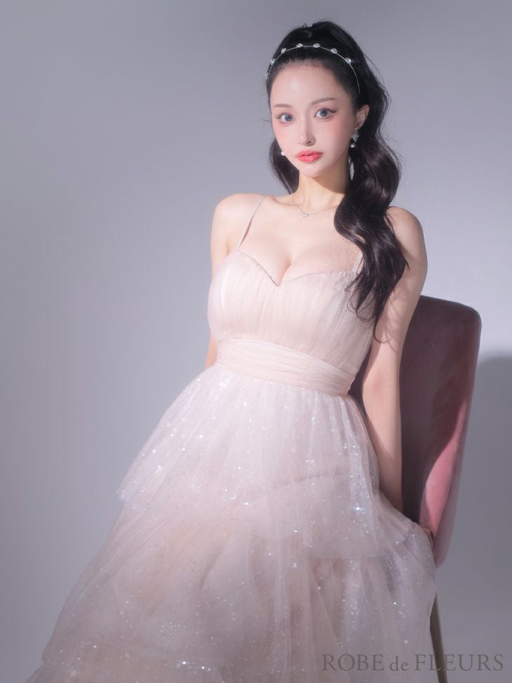 ROBE de FLEURS ローブドフルール 【Lサイズあり】バレエコアフリルラメチュールシンプルミディキャミキャバドレス fm3714