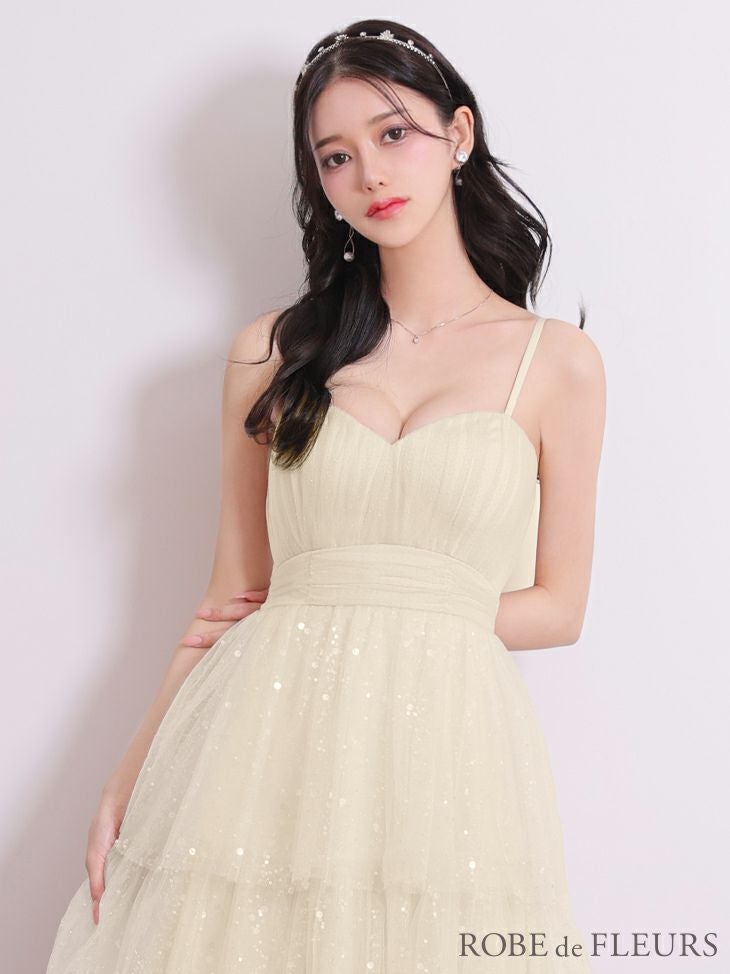 ROBE de FLEURS ローブドフルール 【Lサイズあり】バレエコアフリルラメチュールシンプルミディキャミキャバドレス fm3714