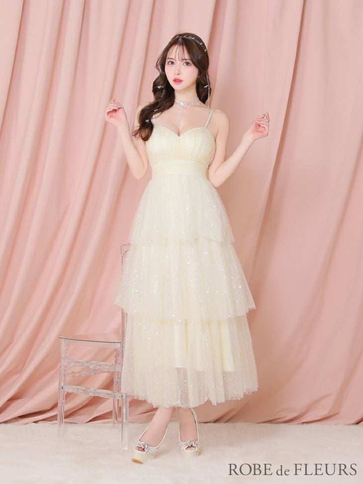 ROBE de FLEURS ローブドフルール 【Lサイズあり】バレエコアフリルラメチュールシンプルミディキャミキャバドレス fm3714